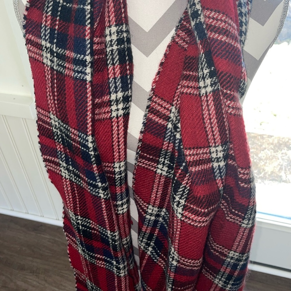 Red plaid reversible scarf. The other side is houndstooth